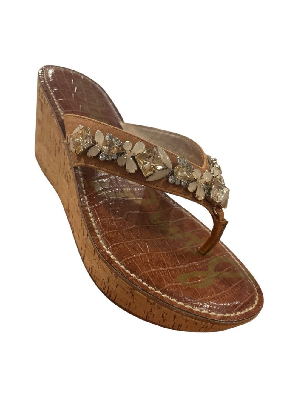 SAM EDELMAN LEATHER & FLORAL JEWEL CORK WEDGE RANDI SANDAL BOHO RESORTWEAR SZ 8
